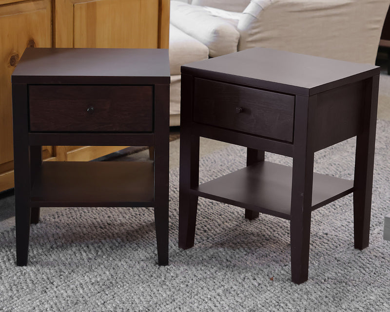 Pair of Calvin Single Drawer Nightstands in Dark Brown with Steel Pulls