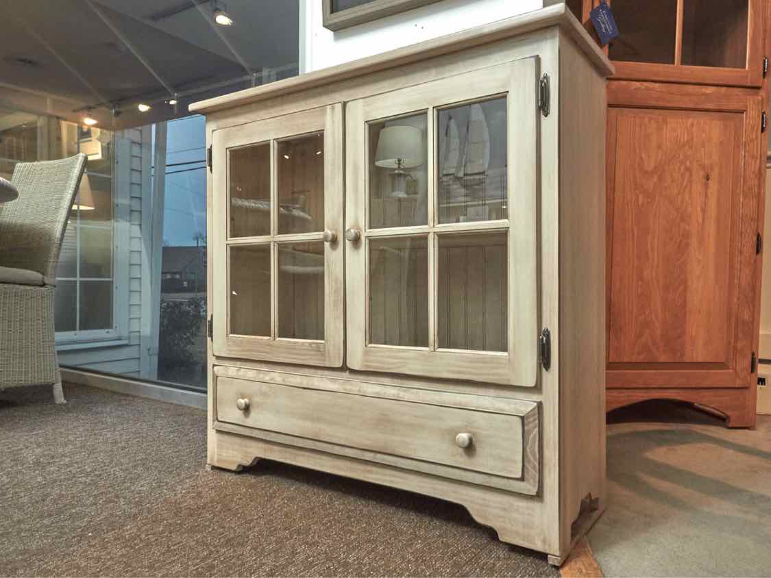 Primitive Cream Finish Bookcase with 2 Pane Glass Doors & 1 Drawer