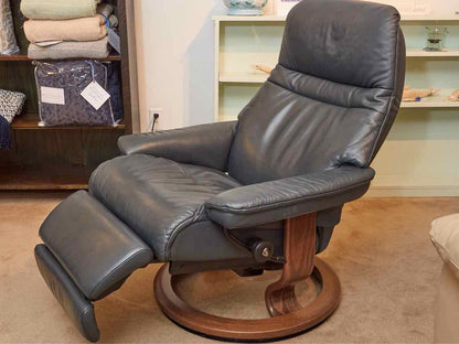 Ekornes Power Recliner in Blue Leather with Walnut Base