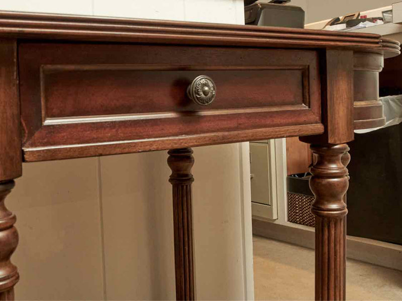 Oval Walnut Console Table with Column Post and 1 Drawer and Shelf