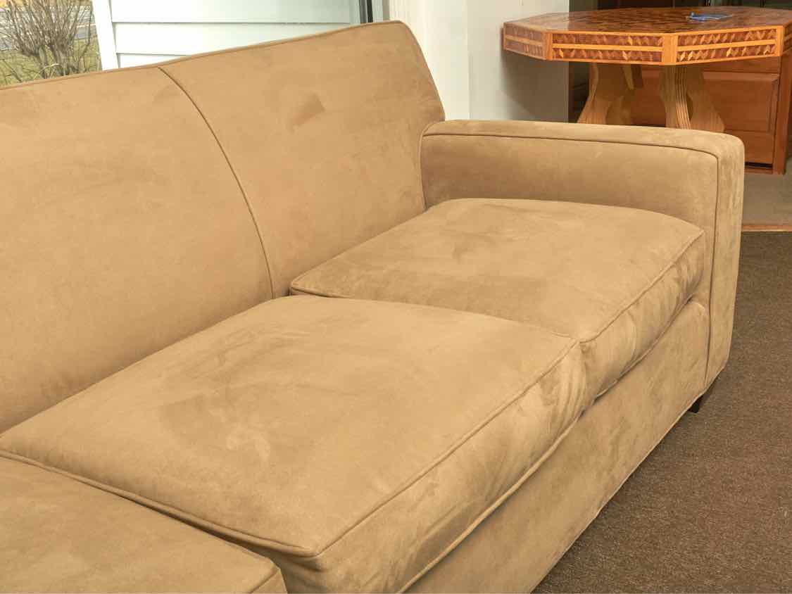 Crate & Barrel Tan Micro Fiber Tight Back 3 Cushion Sofa