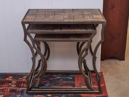 Set of Nesting tables with Reclaimed Pattern Wood Top Side Tables