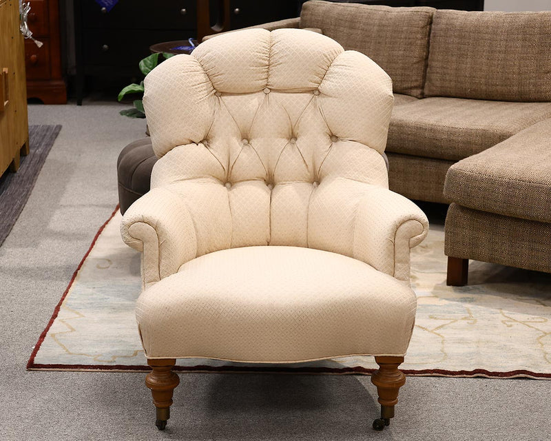 Ethan Allen Tufted Arm Chair in Beige Diamond Damask on Turned Legs