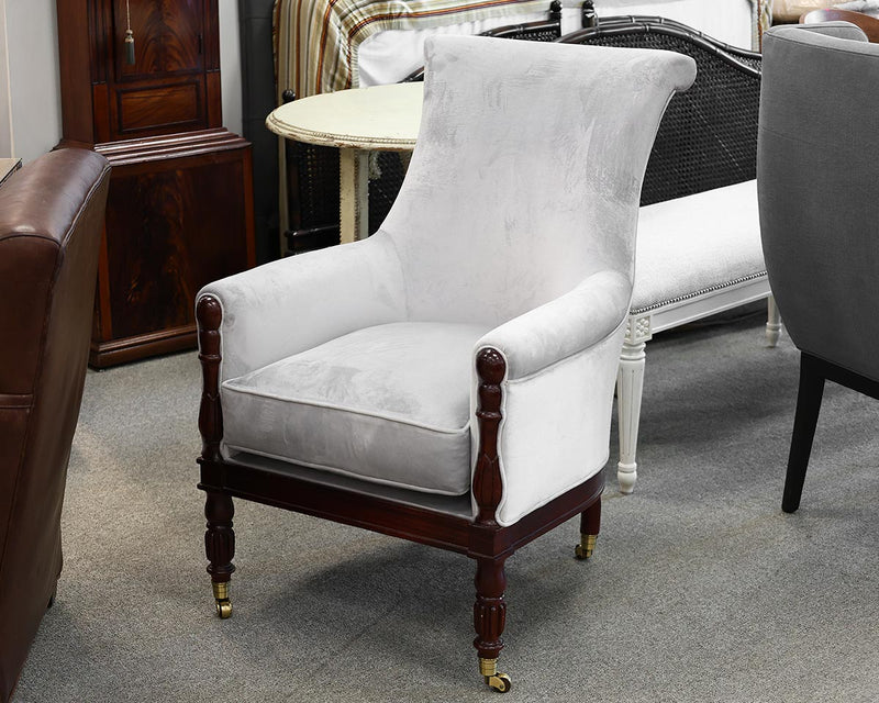 Pale Grey Velvet Mahogany Trim Chair on Casters