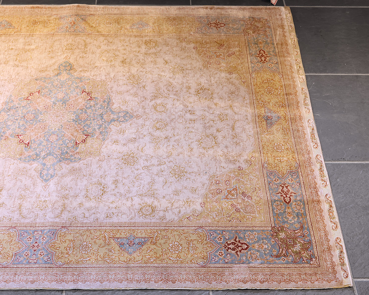 Finely Knotted Turkish 4 x 6 Rug in Gold, Aqua & Taupe