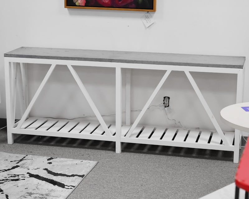 Trellis Console in Rustic White with Galvanized Metal Top