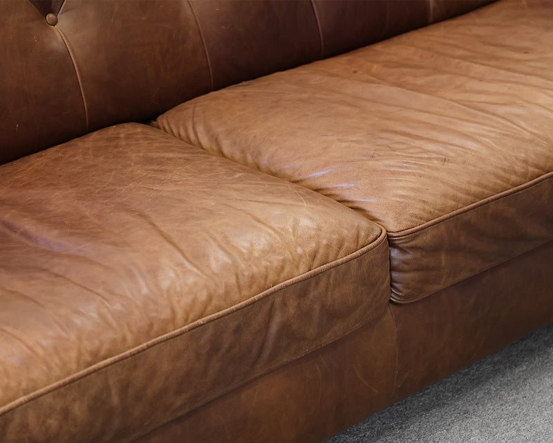 Natuzzi 88" Distressed Brown Leather Tufted Back Roll Arm Sofa