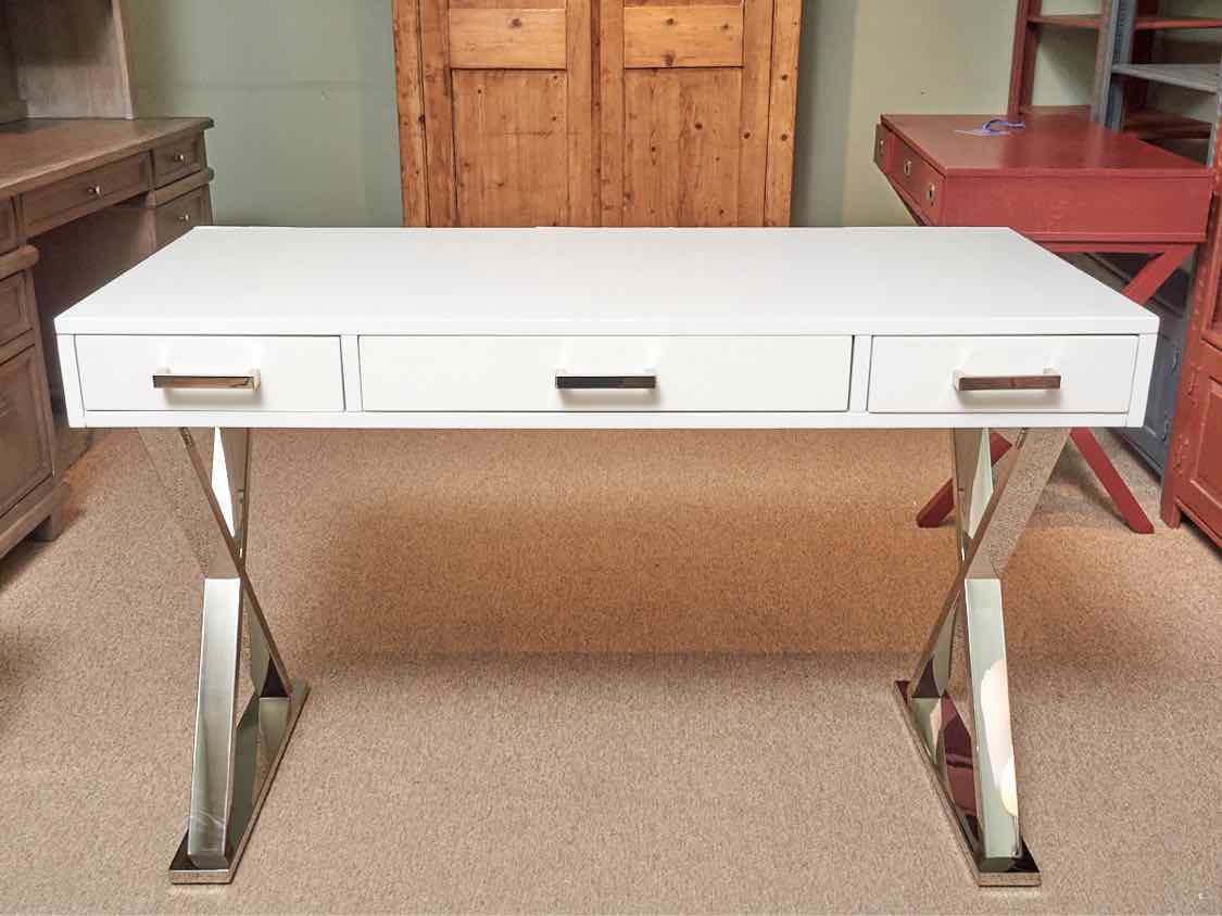 White Lacquer  3 Drawer Chrome X Base Contemporary Desk