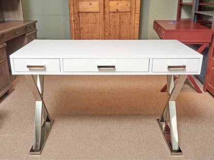 White Lacquer  3 Drawer Chrome X Base Contemporary Desk