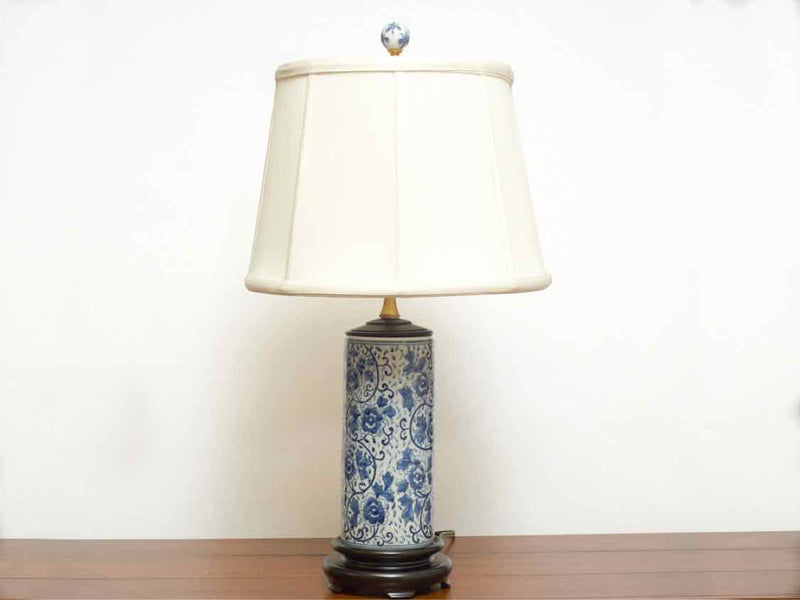 Blue & White Brushpot Table Lamp with Off White Empire Shade