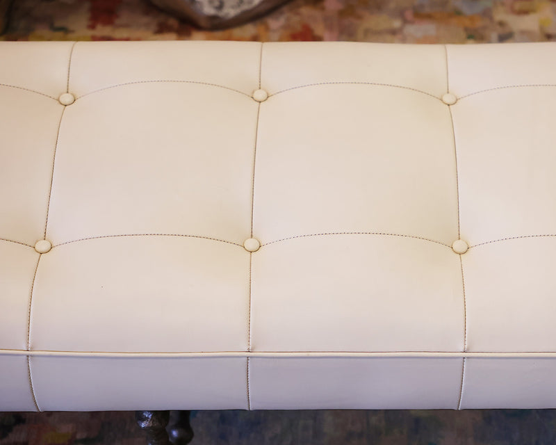 Off White Tufted Leather Bench w/ Decorative Iron Base