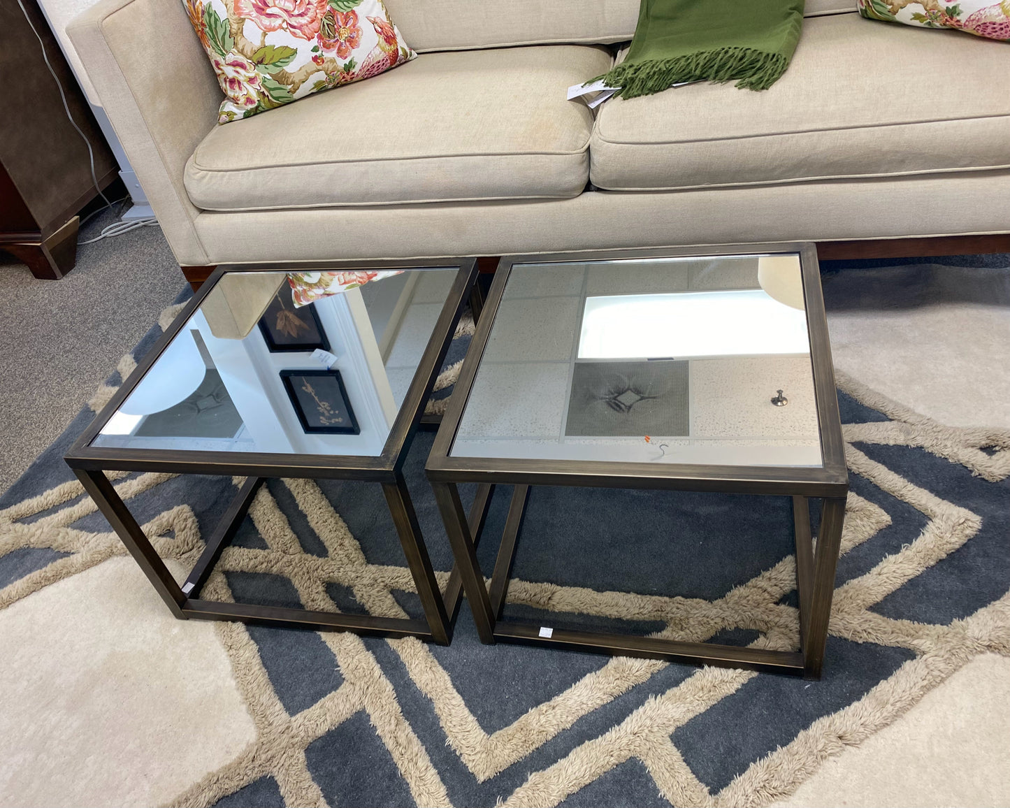 Pair Of Mirrored Top Side Table with Bronze Finish Metal Base