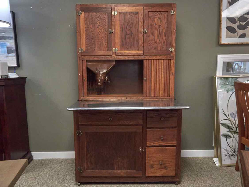 Antique Solid Oak Hoosier Baker Cabinet with Stainless Prep Surface