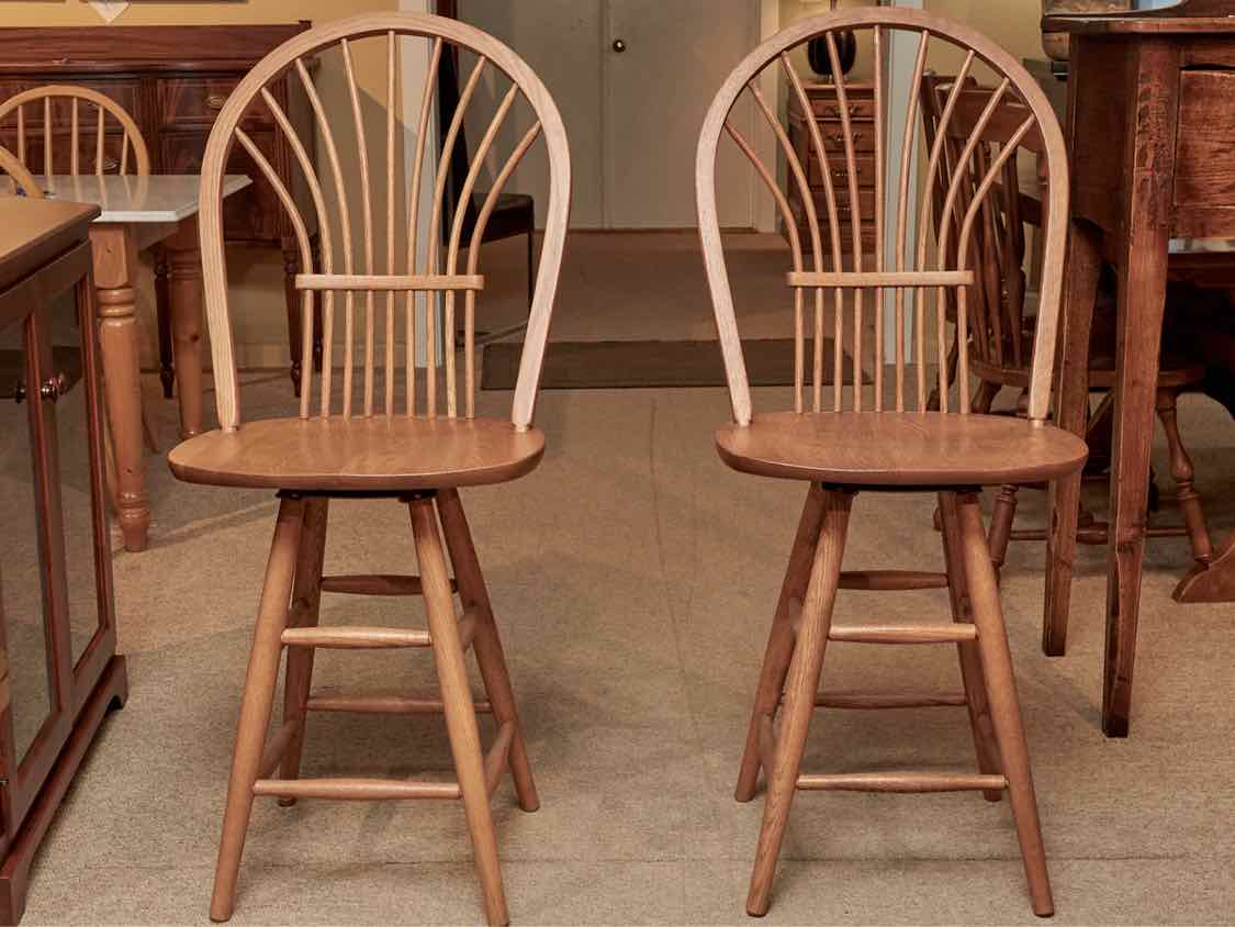 Pair of Oak Sheaf Back Swivel Counter Stools