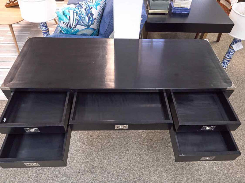 Black Campaign Style Desk with 5 Drawer Desk  with Chrome Accents