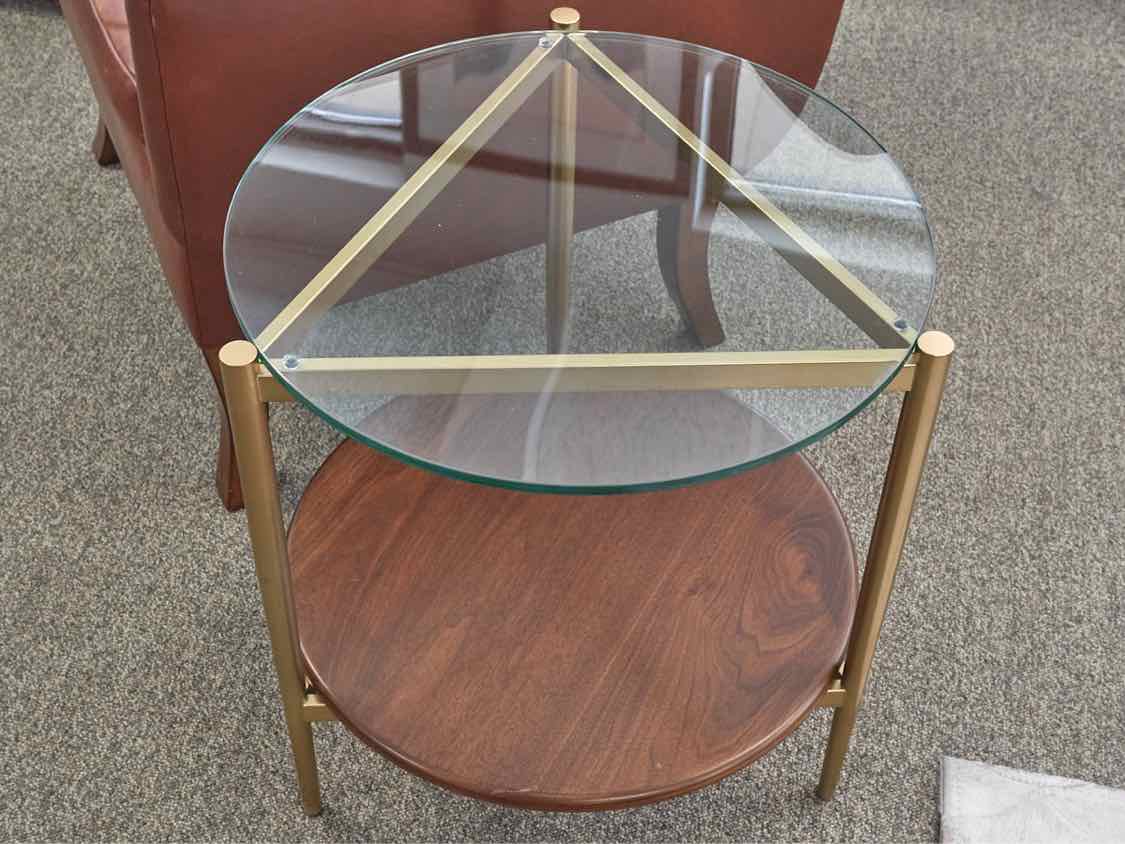 Glass Top Side Table with Gold Metal Legs with Walnut Shelf