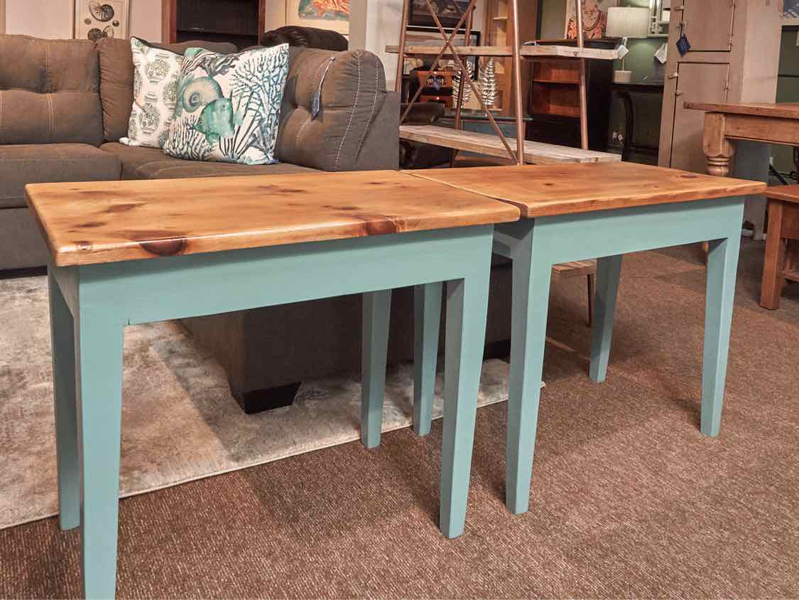 Pair Of Pine Top Custom Finish 'Aqua Shell' Legs Side Tables