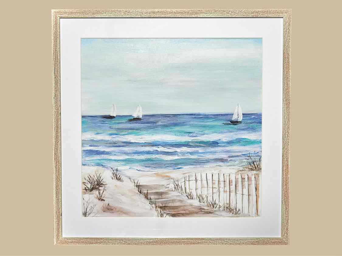 Beach Front 'Sailboats On The Horizon' Art Print Under Glass In Driftwood Frame