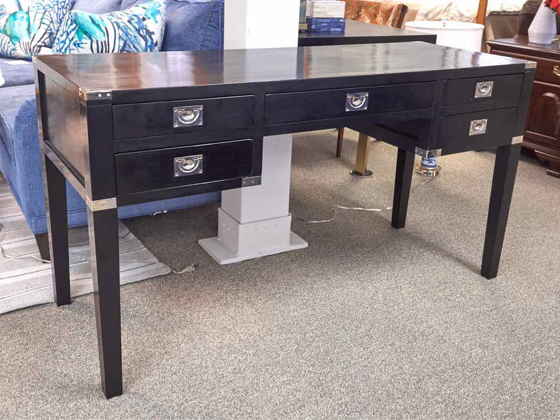 Black Campaign Style Desk with 5 Drawer Desk  with Chrome Accents