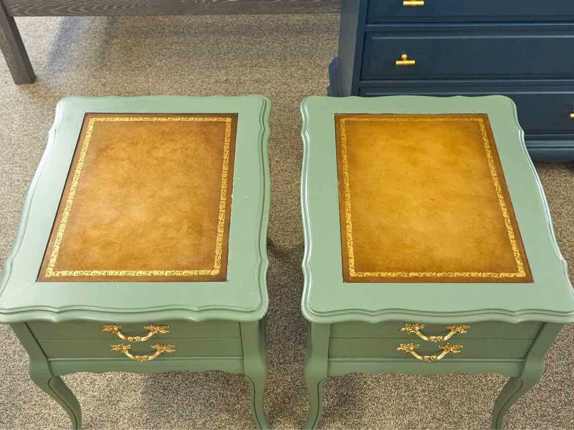 Pair of Leather Top French Provincial Nightstands in Seafoam Green