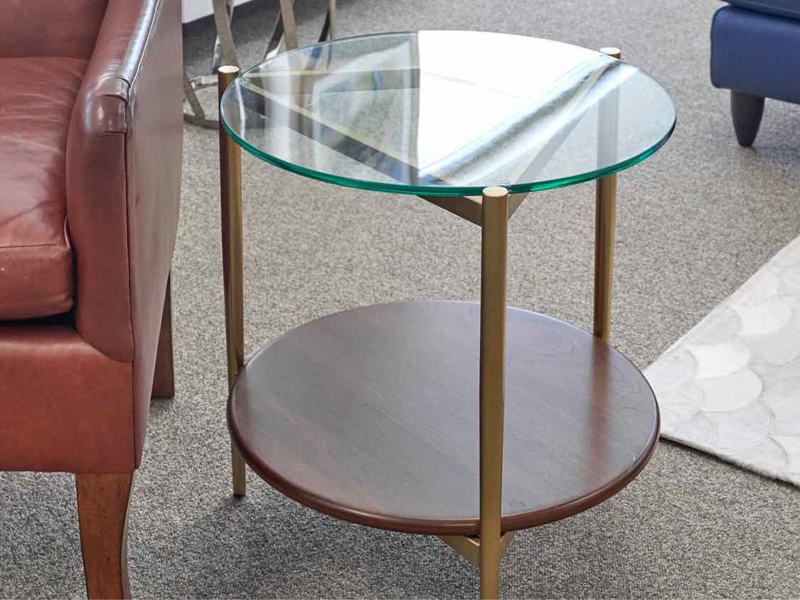 Glass Top Side Table with Gold Metal Legs with Walnut Shelf