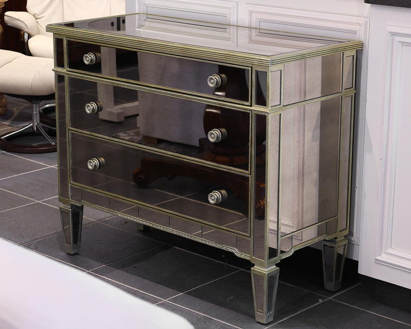 Mirrored 3-Drawer Accent Chest with Gold Trim