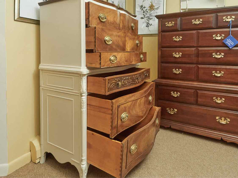 White Finish 3 Over 3 Drawer Chest with Burled Wood Drawer Fronts