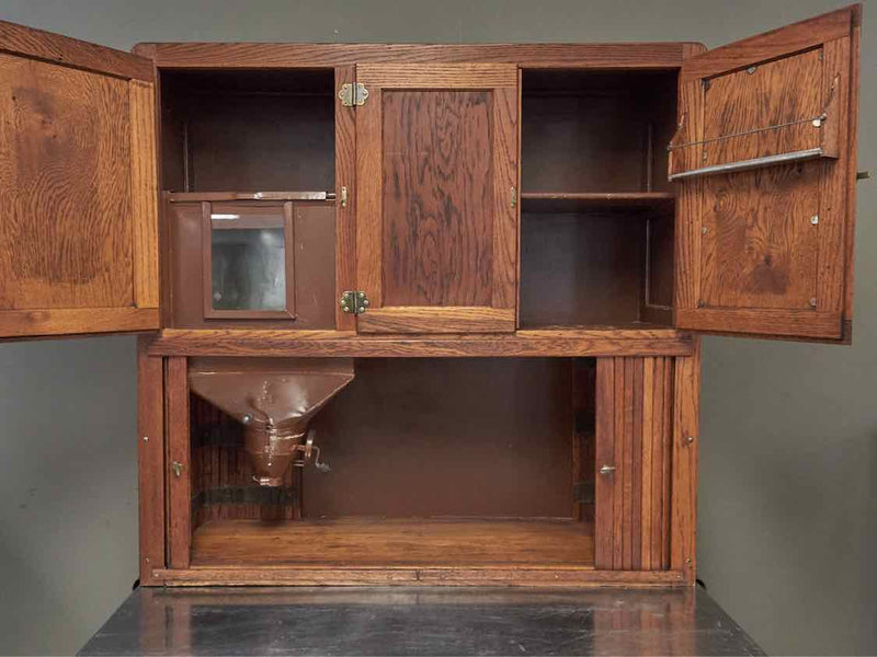 Antique Solid Oak Hoosier Baker Cabinet with Stainless Prep Surface