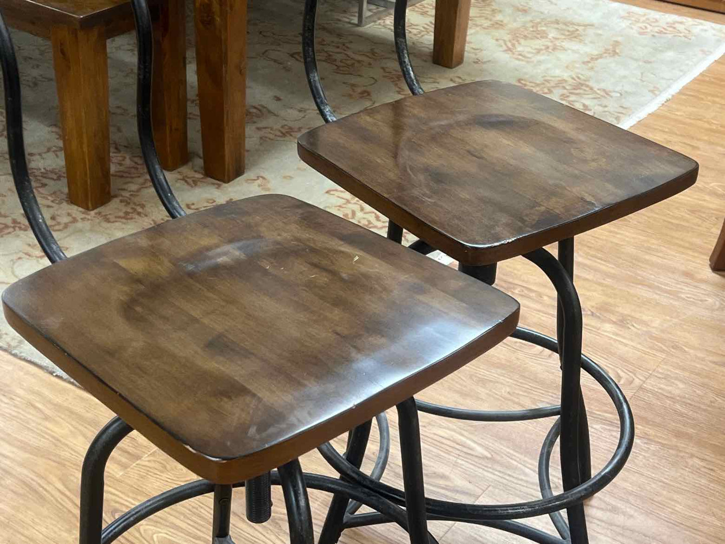 Pair of Industrial Wood and Metal Stools