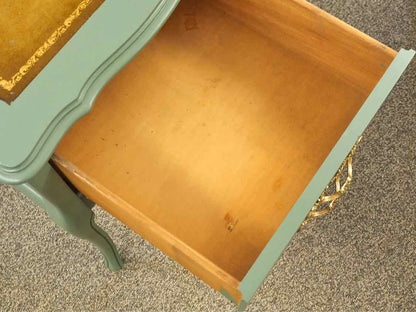 Pair of Leather Top French Provincial Nightstands in Seafoam Green