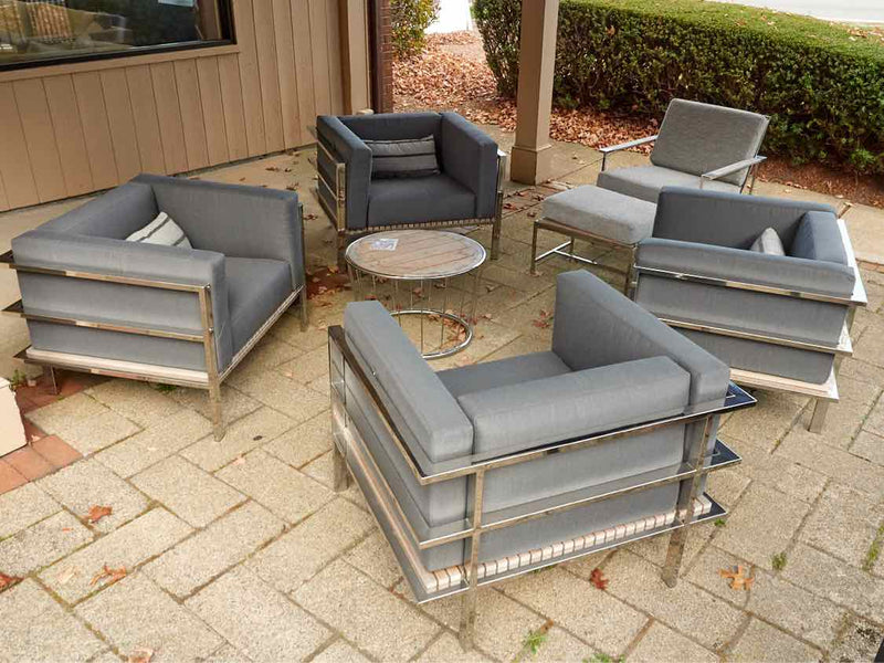 Set of 4 Contemporary Chrome & Teak Outdoor Lounge Chairs