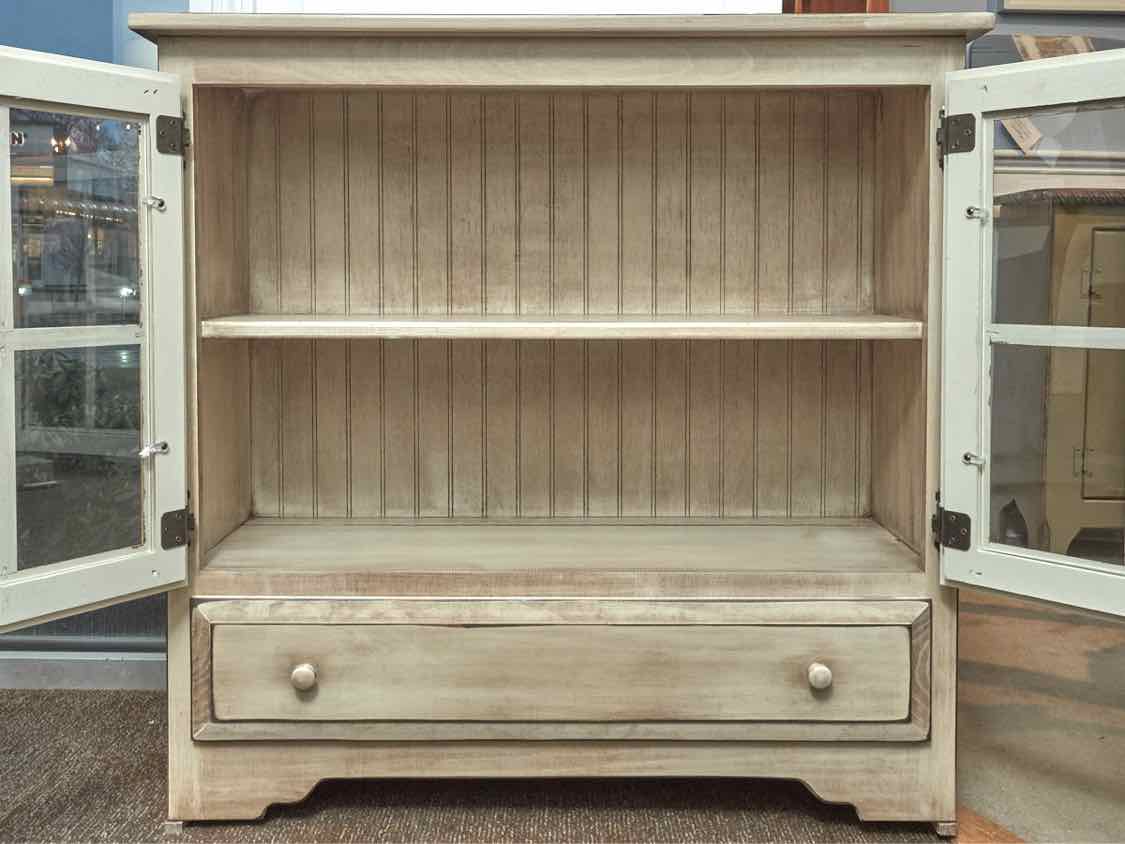 Primitive Cream Finish Bookcase with 2 Pane Glass Doors & 1 Drawer