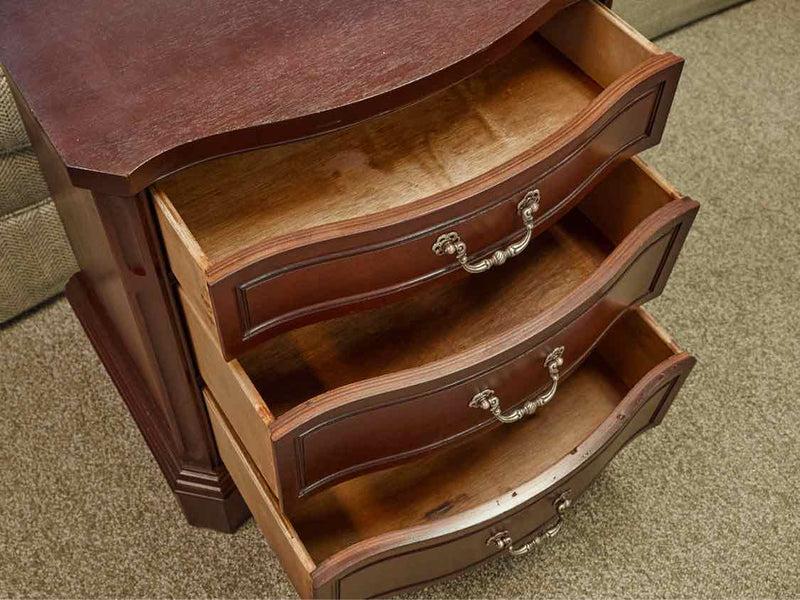 Pair of Mahogany Serpentine 3 Drawer Nightstands with Ornate Handles