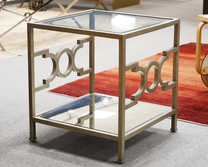 Pair of Square Textured Silver Side Tables with Glass Top and Mirrored Shelf