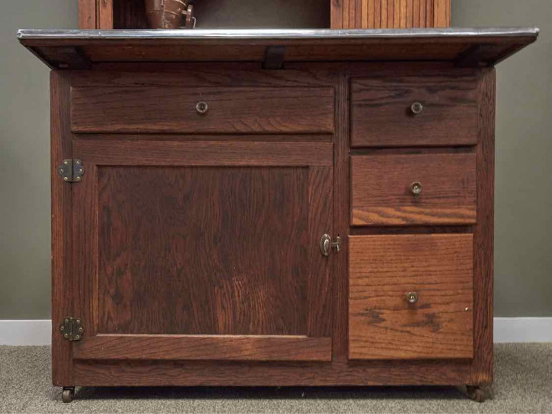 Antique Solid Oak Hoosier Baker Cabinet with Stainless Prep Surface