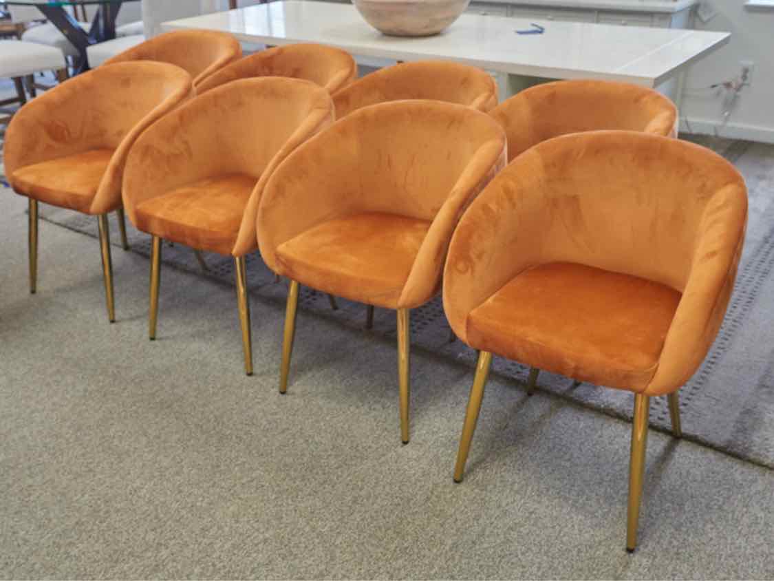 Set of Eight Tangerine Orange Barrel Dining Chairs in Performance Velvet