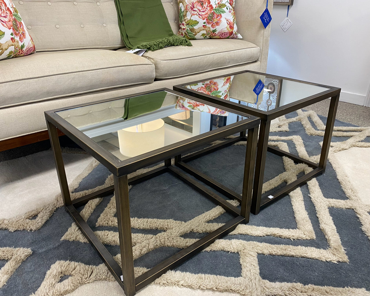 Pair Of Mirrored Top Side Table with Bronze Finish Metal Base