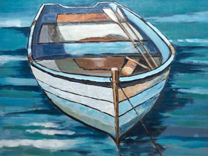 'Coastal Jon Boat ' Texture Print On Canvas White Shiplap Frame