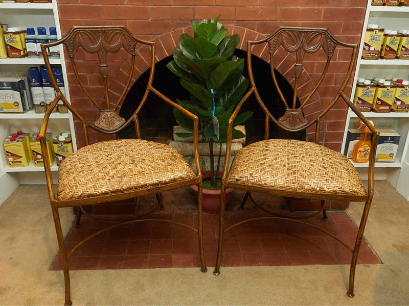 Pair Of Metal & Rattan Seat Dining Chairs