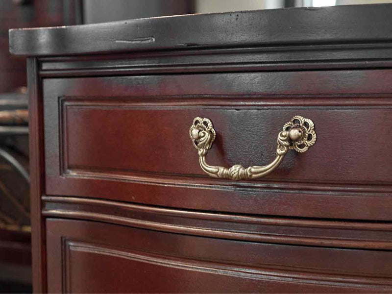 Pair of Mahogany Serpentine 3 Drawer Nightstands with Ornate Handles