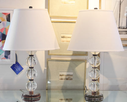 Pair of Stacked Glass Orb Lamps with Ribbed Nickel Base and Trim