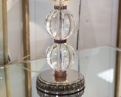 Pair of Stacked Glass Orb Lamps with Ribbed Nickel Base and Trim