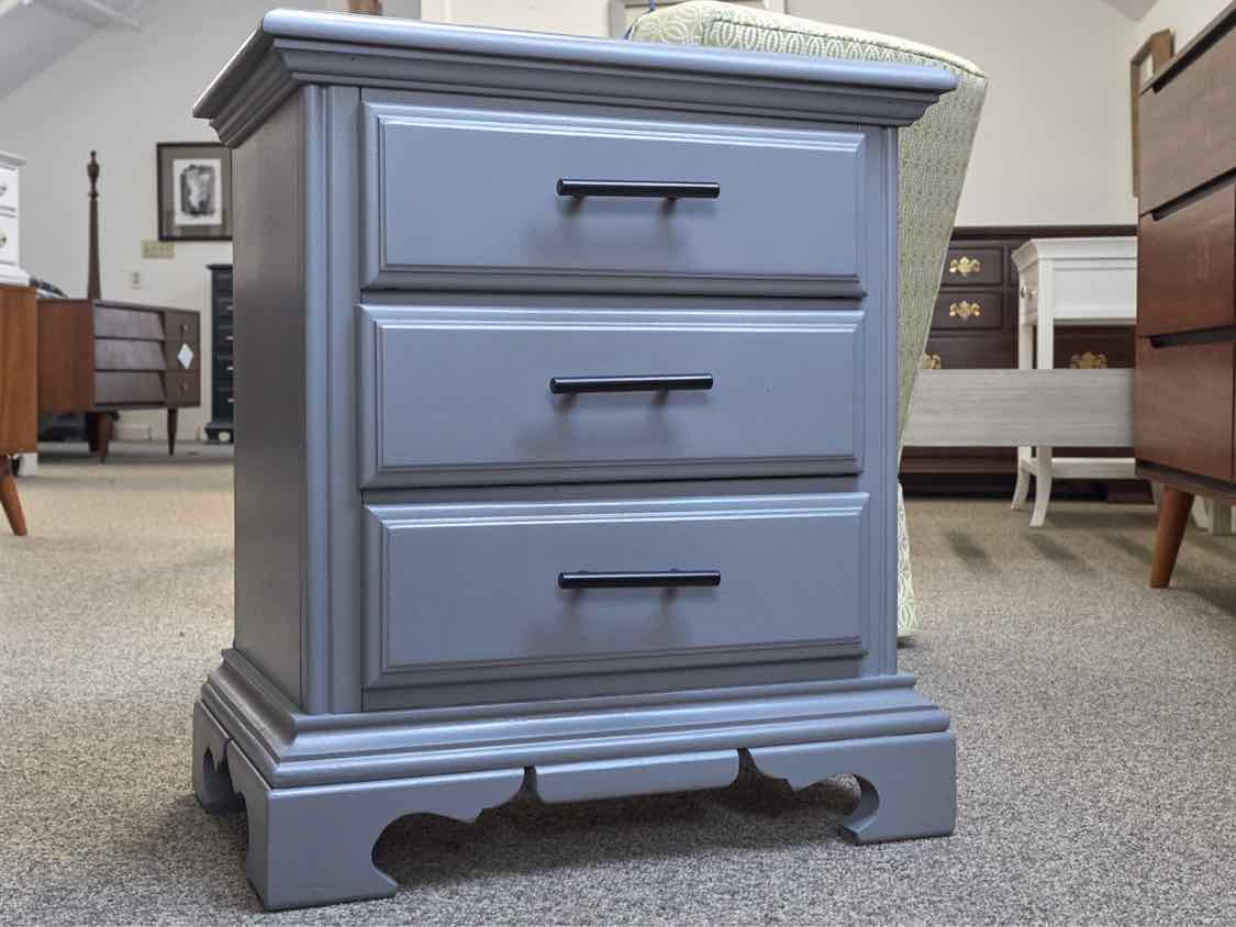 Pair of American Drew Dark Pewter Blue Finish 3 Drawer Nightstands