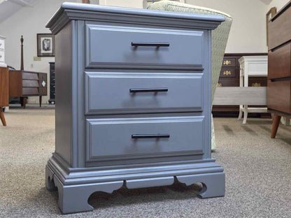 Pair of American Drew Dark Pewter Blue Finish 3 Drawer Nightstands