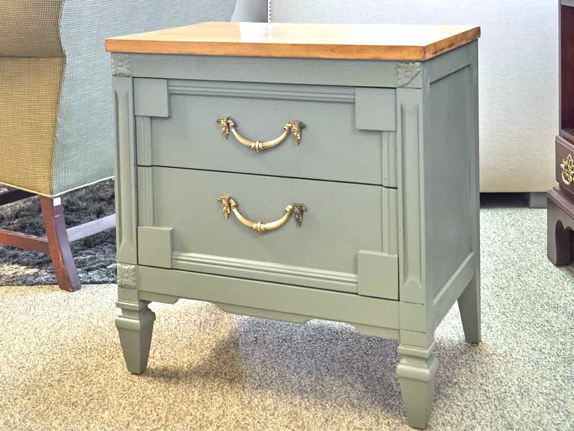 Pair of Seafoam Green Two Drawer Nightstands with Maple Tops