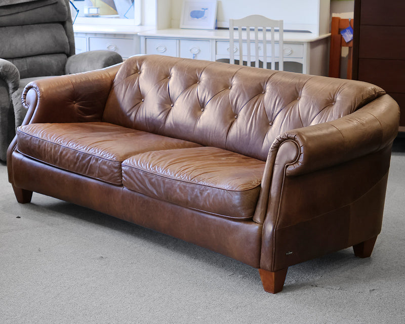 Natuzzi 88" Distressed Brown Leather Tufted Back Roll Arm Sofa