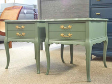 Pair of Leather Top French Provincial Nightstands in Seafoam Green