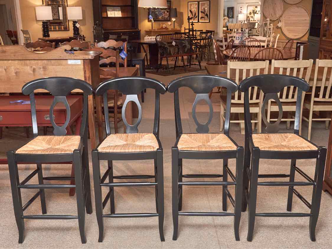 Set Of 4  Pottery Barn Black Finish Rush Seat Counter Stools