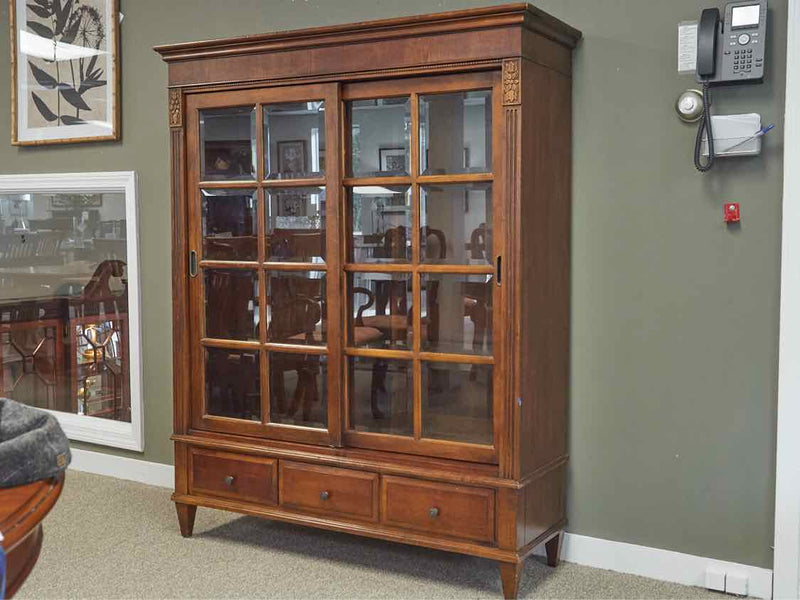 Mahogany Sliding Door Bookcase with 3 Drawers & Futed Sides