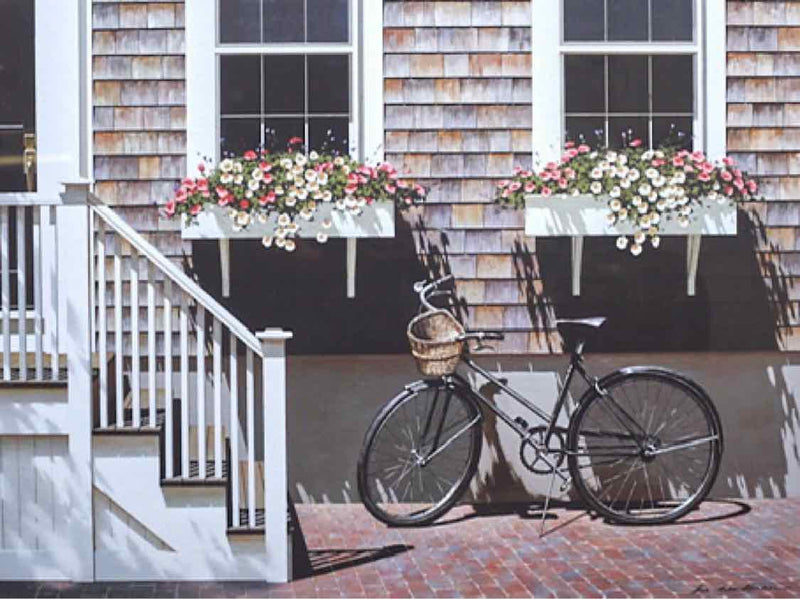 'Beach Time' White & Gray Framed Bicycle With Basket Of Flowers  Print